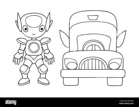 Hand drawn cute robot with car for design element and coloring book ...