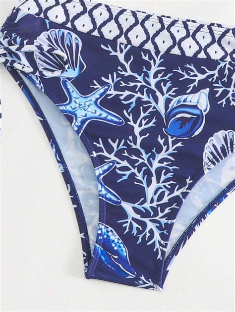 SHEIN Swim Conjunto De Bikini Retorcido Con Estampado Ocean Life Carnival Moda De Mujer