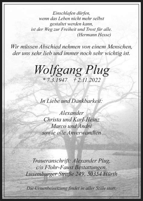 Traueranzeigen Von Wolfgang Plug WirTrauern