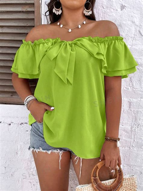 Shein Wywh Plus Off Shoulder Knot Front Ruffle Trim Blouse Shein Usa