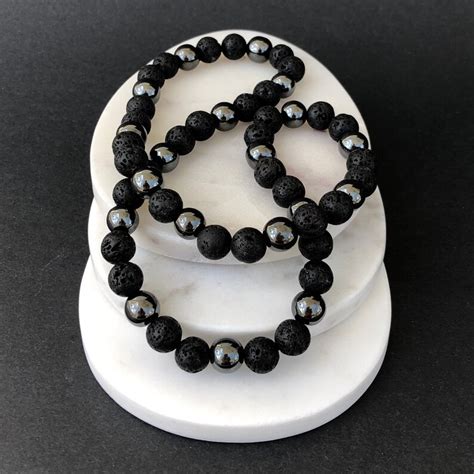 Hematite Necklace Mens Beaded Necklace For Him Black Lava Etsy