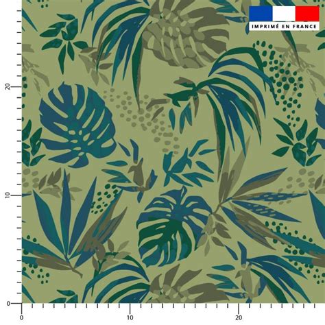 Feuille De Palme Bleue Fond Vert Kaki Tissus Price Matière