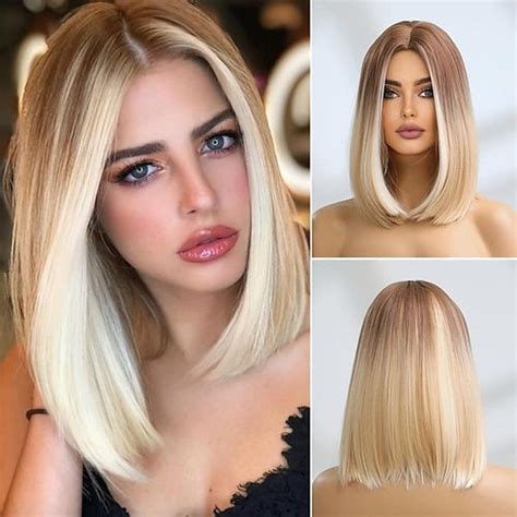 Schulterlange blonde Bob Perücke honigblond mit dunklem Ansatz synthetische Ersatzperücke