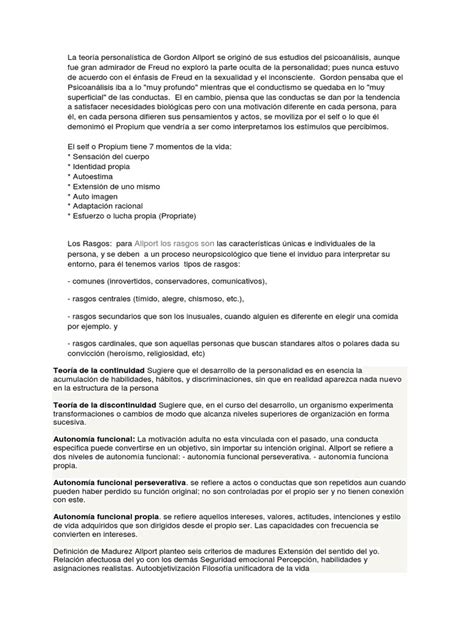 La Teoría Personalística De Gordon Allport Pdf Psicoanálisis