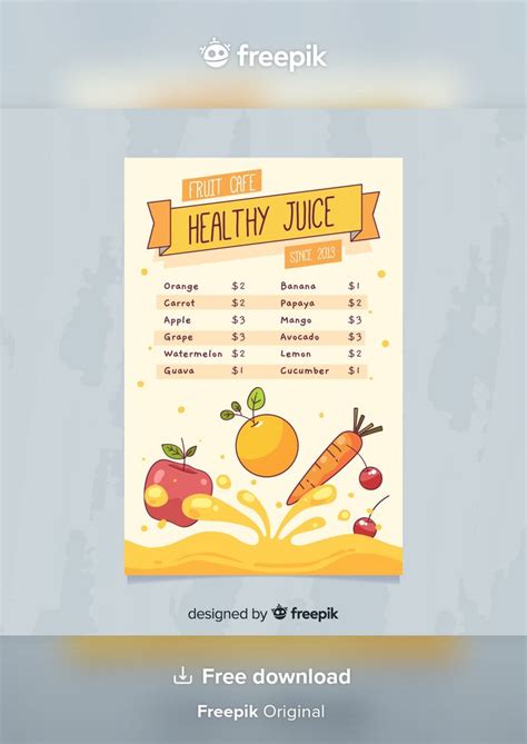 Free Vector Healthy Juice Menu Template Juice Menu Healthy Juices