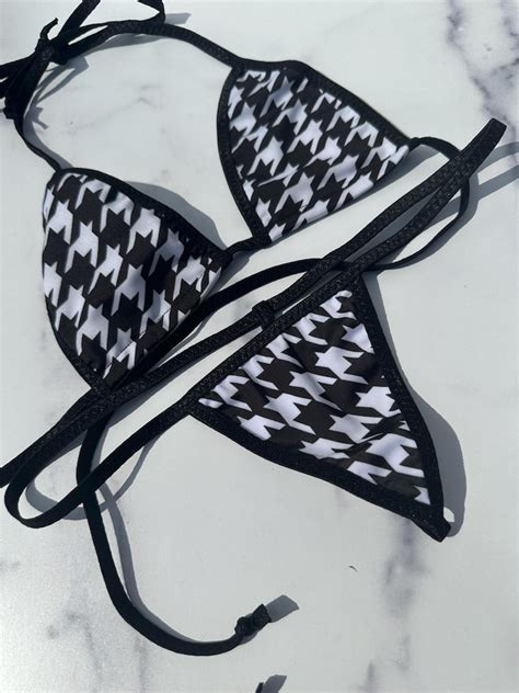 Extreme Micro Bikini Black And White Houndstooth With Black String Bikini T Back Thong Set G