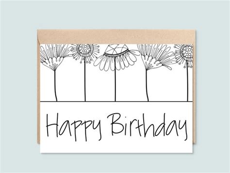 Printable Happy Birthday Card Black and White Floral Line | Etsy