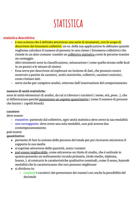 Statistica Riassunto Statistica Statistica Descrittiva Una