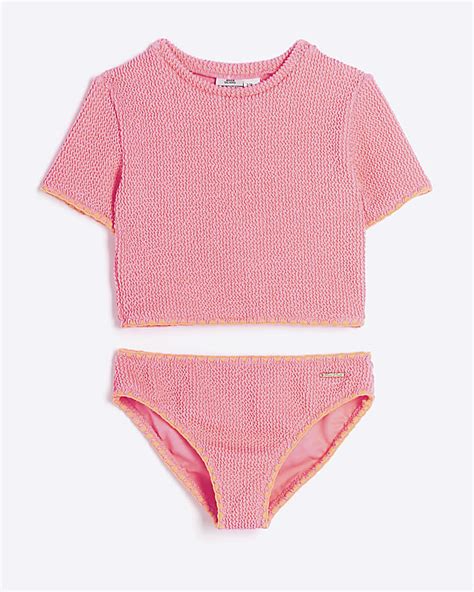 Girls Coral Textured T Shirt Bikini Set River Island