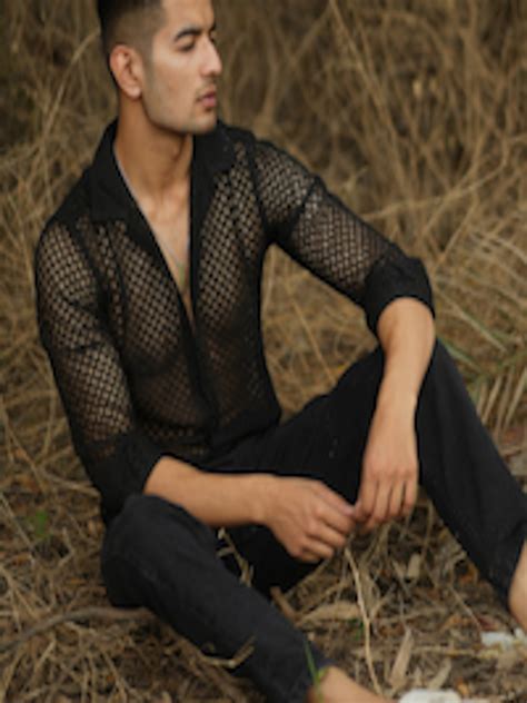 Buy Powerlook Black Indian Slim Sheer Self Design Casual Crochet Shirt