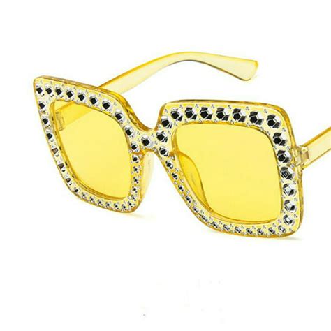 Metermall Women Fashion Large Square Frame Bling Rhinestone Sunglasses Yellow Frame Yellow