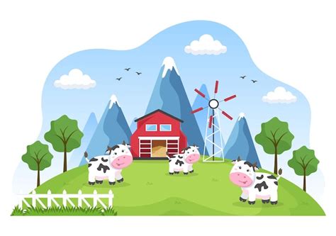 Premium Vector Dairy Cows Pictures With A View Of Meadow Or A Farm In