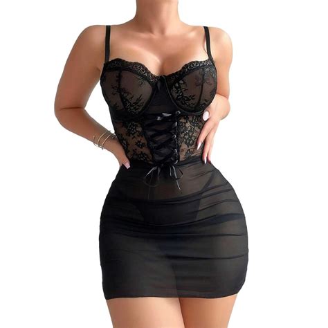 Lingerie For Women Lace Ruffle Hem Dress Bra With Underwire Chemise Push Up Nightgown Bra