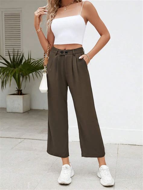 SHEIN PETITE Solid Slant Pocket Straight Leg Cropped Pants SHEIN USA