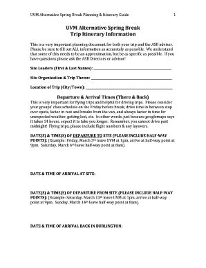 Fillable Online Uvm UVM Alternative Spring Break Planning Itinerary