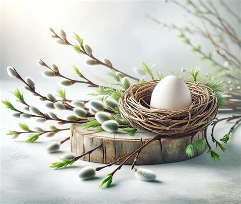 Premium Photo Easter Composition With White Egg In Nest And Pussy Willow Twigs On A Cut