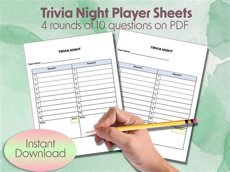 Trivia Answer Sheet Printable Pdf 4 Rounds Of 10 Questions Blank
