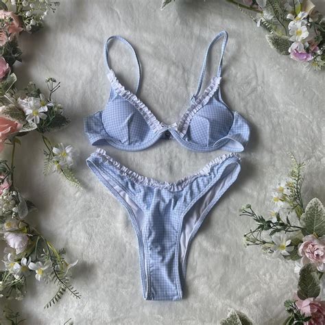 Baby Blue White Gingham Ruffle Bikini Set Depop