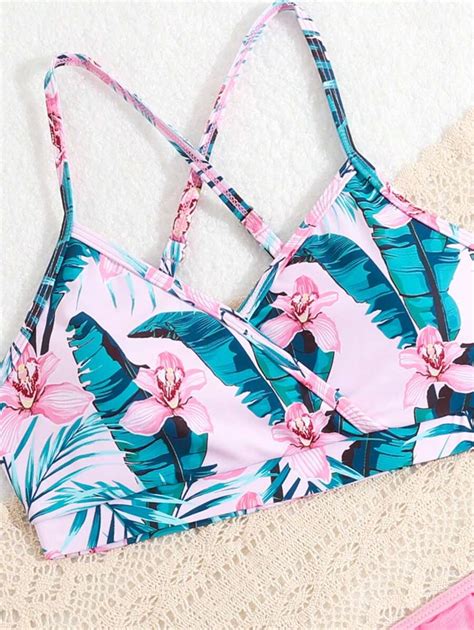 Tween Girls Tropical Printed Bikini Set With Drawstring Side Swim Skirt Shein Usa
