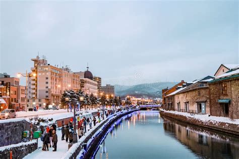 Otaru Canal In Winter With Twilight Light Editorial Stock Photo