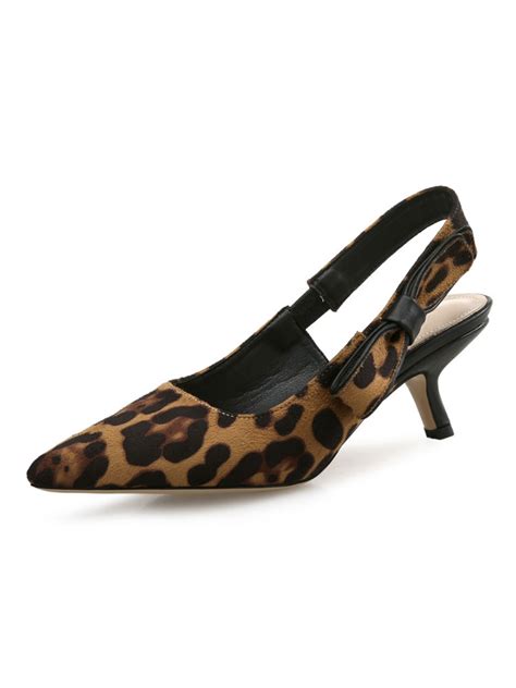 Womens Brown Slingback Heels Leopard Print Pointed Toe Kitten Heel