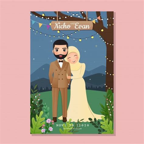 wedding invitation card  bride  groom cute muslim couple cartoon