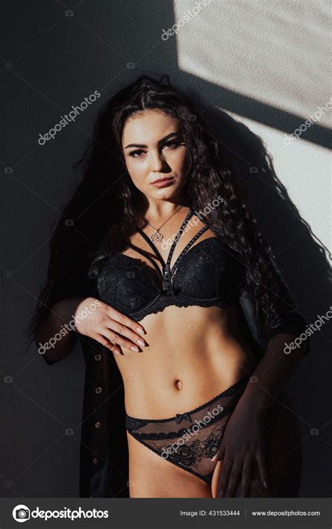 Beautiful Fashionable Brunette Woman In Black Lingerie Portrait Stock Photo Dsimakov Foto