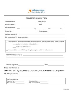 Fillable Online Watkins Transcript Request Form Mail Official