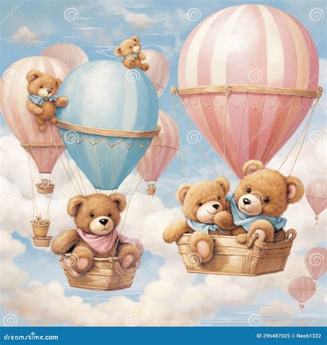 Brown Pink Sky Blue Wit Teddy Bears And Hot Air Balloons Generative AI Stock Illustration