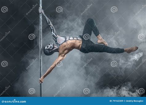 Pole Dancer Man With Bare Naked Body Torso Pole Dancing Guy Makes Figure On Pole Guy Hanging