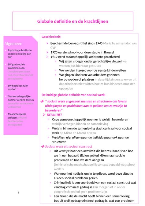 Sociaal Werk Samenvatting Globale Definitie En De Krachtlijnen