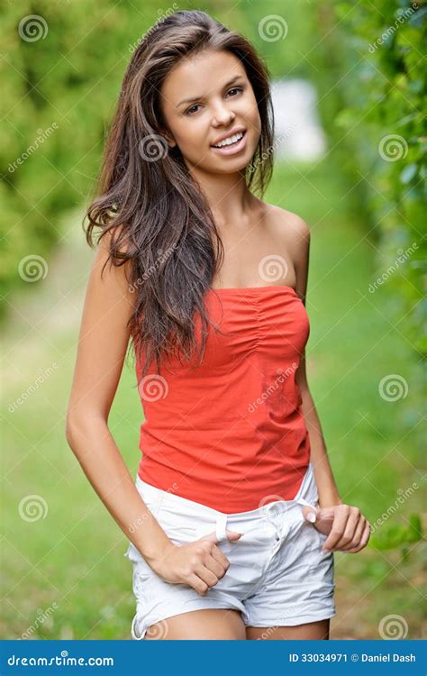 Beautiful Brunette Woaman Relaxing In Park Stock Image Image Of Long Cute 33034971