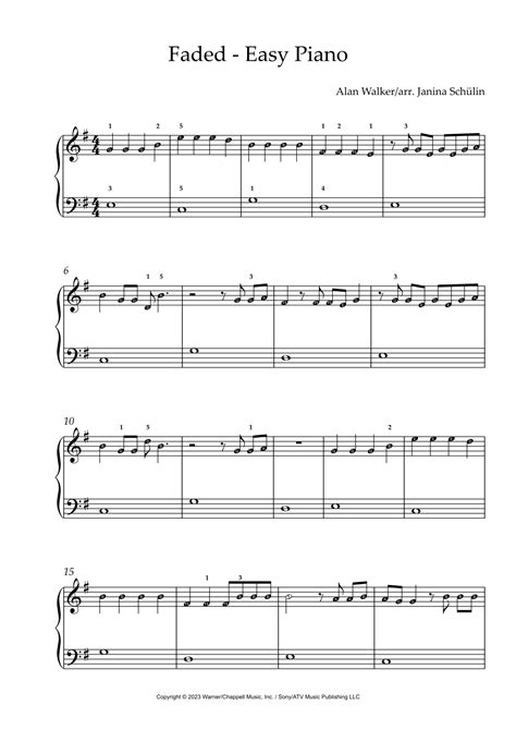 Faded arr Janina Schülin by Alan Walker Sheet Music for Easy Piano