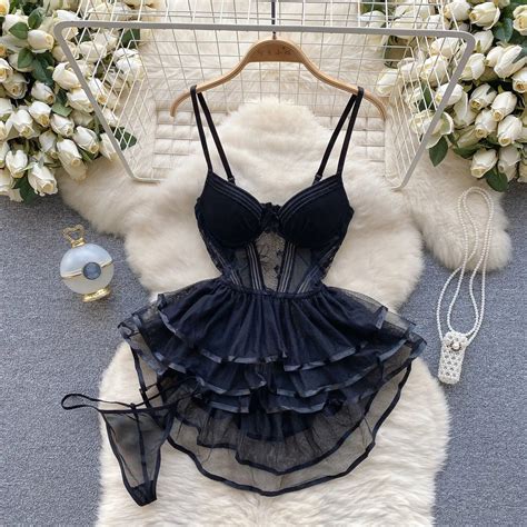 Womens Elegant Black Ruffled Lace Lingerie Set On Luulla