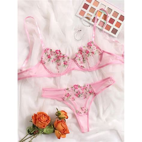 Sweet Sexy Floral Embroidery Low Waist Lace Transparent Sexy Lingerie Set 2 Piece Womens Lace