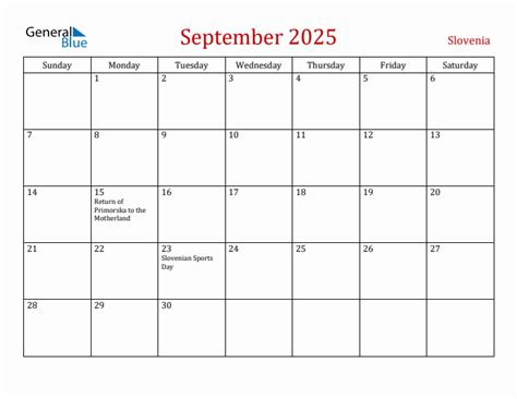 September 2025 Slovenia Monthly Calendar with Holidays
