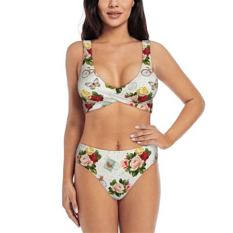 Rocae Vintage Bike Flower Butterfly For Bikini Set For Women Two Piece