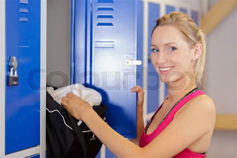 Blonde Woman By The Locker Room In The Gym Stock Image Colourbox
