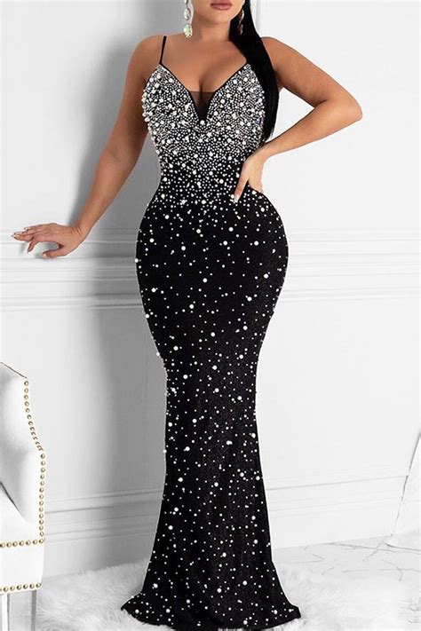 Wholesale Black Fashion Sexy Patchwork Hot Drilling Backless Spaghetti Strap Evening Dress