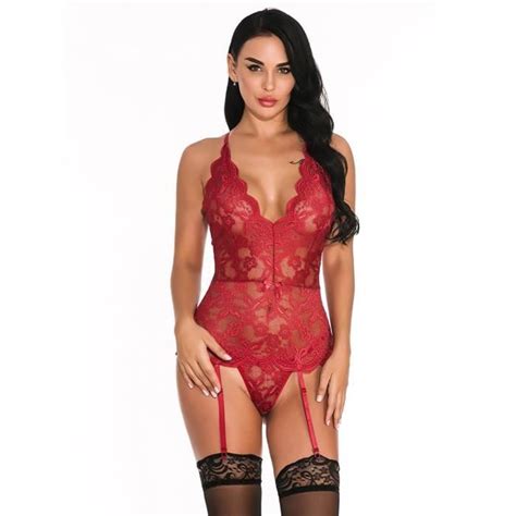 Femmes Sexy Col V Dentelle Bouton Lingerie Combinaison À Manches Longues Body Vêtements De Nuit