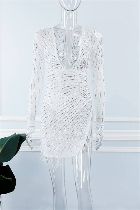 Wholesale White Sexy Patchwork Hot Drilling See Through Beading V Neck Long Sleeve Dresses
