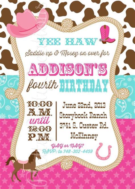 Cowgirl Invitation You Print Pink And Aqua Etsy Plantillas Para Invitación De Cumpleaños