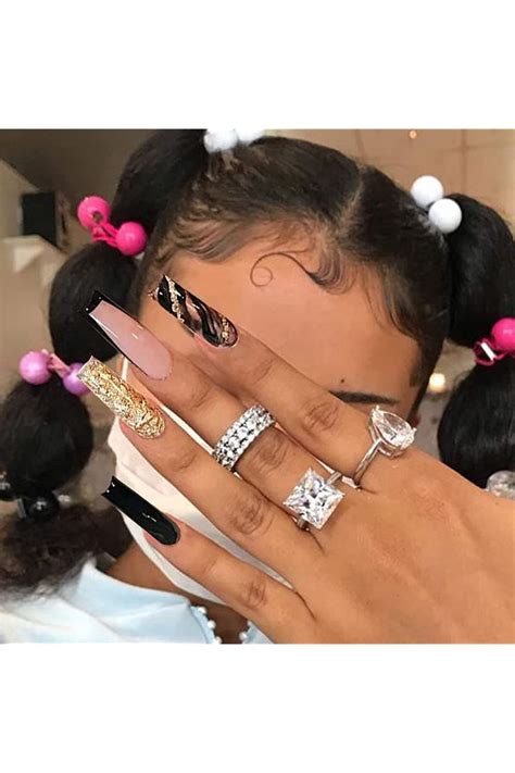 Foamee Press On Nails Medium Ombre Nude Coffin Fake Nails With Flower Designs Acrylic Glossy