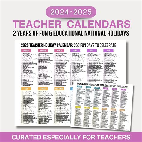 Teacher National Days Calendar Printable | 2024 and 2025 National