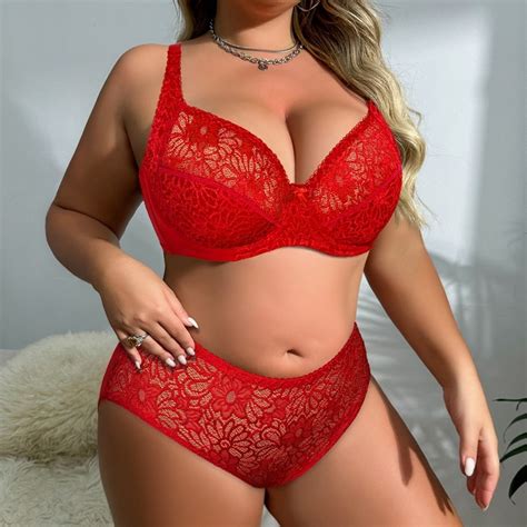 Softrhyme Women Plus Size Lingerie Set Sexy Lace Underwear Set Thin