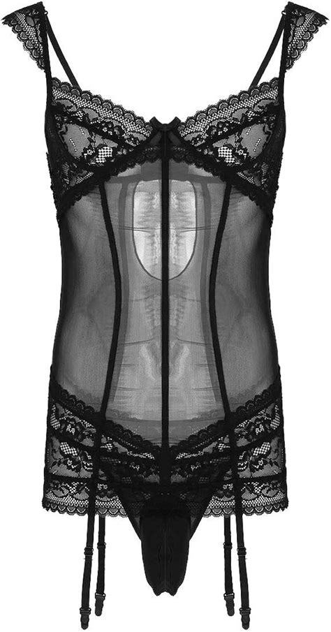 Ranrann Mens Sheer Mesh Sissy Lace Panties Crossdress Lingerie Nightwear Set Xdress Bodysuit
