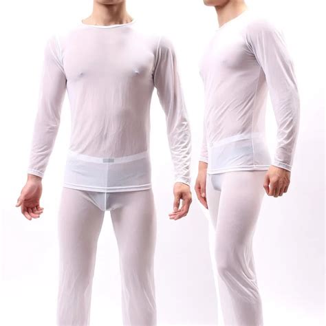 Sexy Men Undershirts Sets Ice Silk Transparent Long Sleeve Tops Trousers Gay Night Club Sex