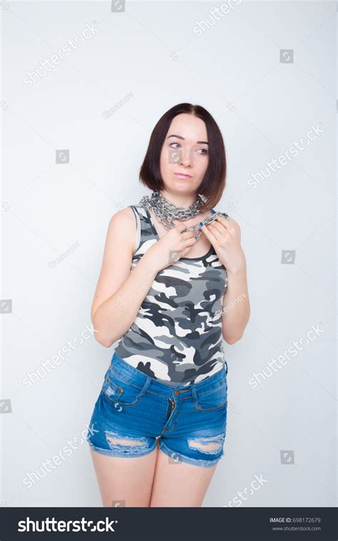 Slender Brunette Girl Short Denim Shorts Stock Photo Shutterstock