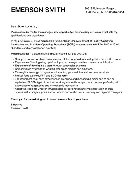 Manager, Area Cover Letter | Velvet Jobs