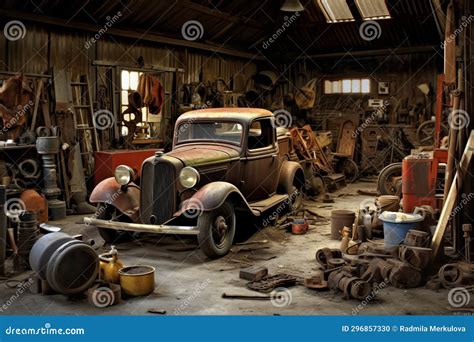 Old Workshop With Scattered Tools And Abandoned Retro Vintage Car Stock